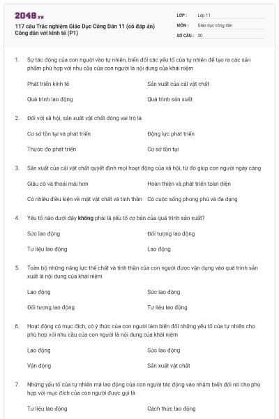 117 câu Trắc nghiệm Giáo Dục Công Dân 11 (có đáp án) Công dân với kinh tế (P1)
