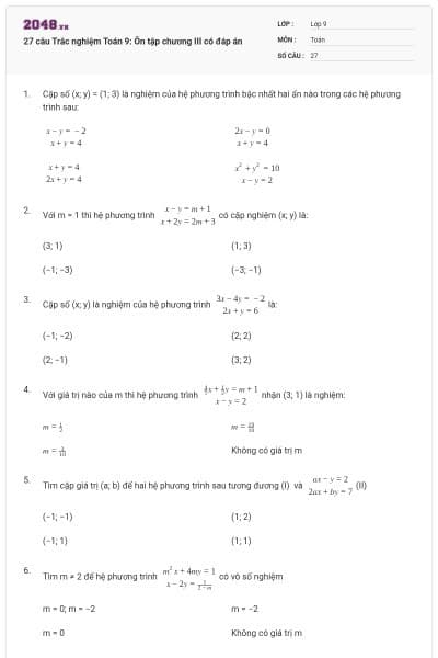 27 câu Trắc nghiệm Toán 9: Ôn tập chương III có đáp án