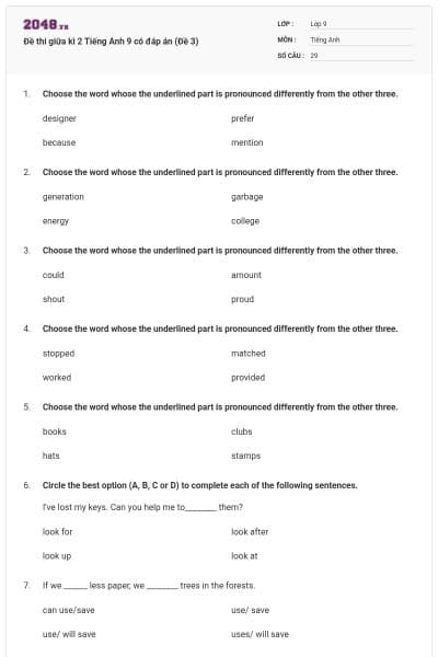 Đề thi giữa kì 2 Tiếng Anh 9 có đáp án (Đề 3)