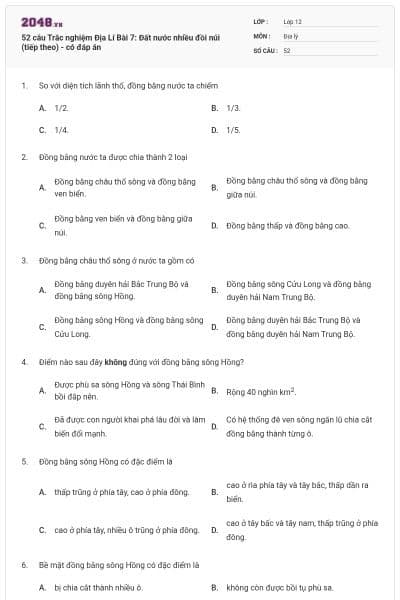 52 câu Trắc nghiệm Địa Lí Bài 7: Đất nước nhiều đồi núi (tiếp theo) - có đáp án