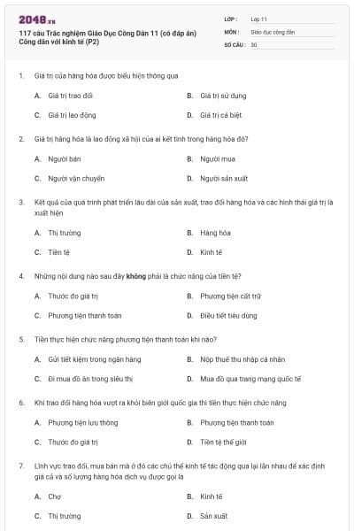 117 câu Trắc nghiệm Giáo Dục Công Dân 11 (có đáp án) Công dân với kinh tế (P2)