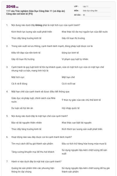 117 câu Trắc nghiệm Giáo Dục Công Dân 11 (có đáp án) Công dân với kinh tế (P3)