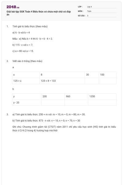 Giải bài tập SGK Toán 4 Biểu thức có chứa một chữ có đáp án