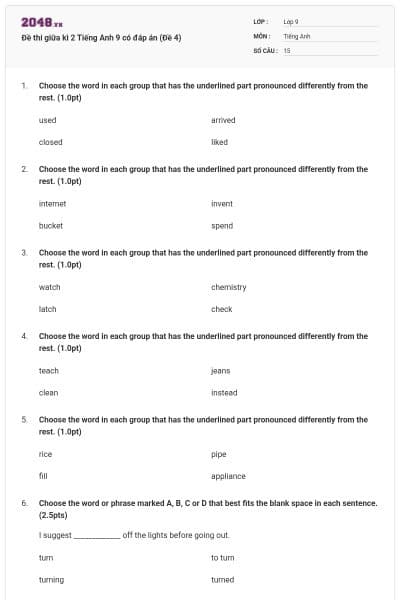 Đề thi giữa kì 2 Tiếng Anh 9 có đáp án (Đề 4)