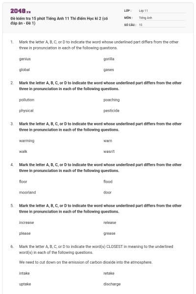 Đề kiểm tra 15 phút Tiếng Anh 11 Thí điểm Học kì 2 (có đáp án - Đề 1)