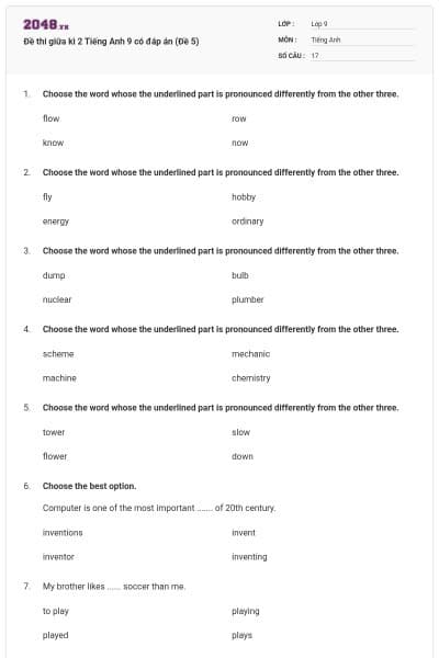 Đề thi giữa kì 2 Tiếng Anh 9 có đáp án (Đề 5)