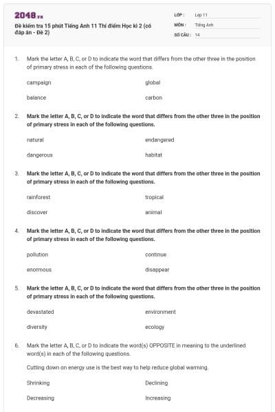 Đề kiểm tra 15 phút Tiếng Anh 11 Thí điểm Học kì 2 (có đáp án - Đề 2)