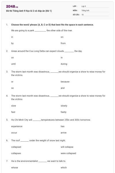 Đề thi Tiếng Anh 9 Học kì 2 có đáp án (Đề 1)