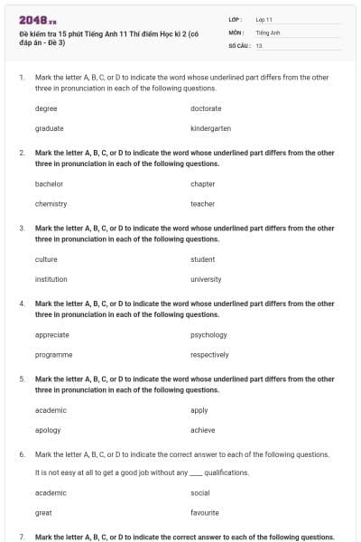 Đề kiểm tra 15 phút Tiếng Anh 11 Thí điểm Học kì 2 (có đáp án - Đề 3)
