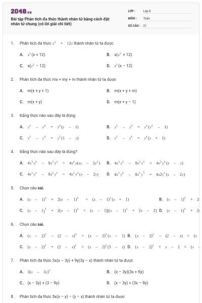 Bài tập Phân tích đa thức thành nhân tử bằng cách đặt nhân tử chung (có lời giải chi tiết)