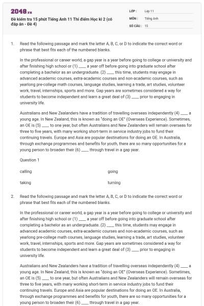 Đề kiểm tra 15 phút Tiếng Anh 11 Thí điểm Học kì 2 (có đáp án - Đề 4)