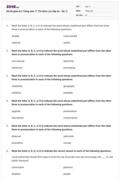 Đề thi giữa kì 2 Tiếng Anh 11 Thí điểm (có đáp án - Đề 1)