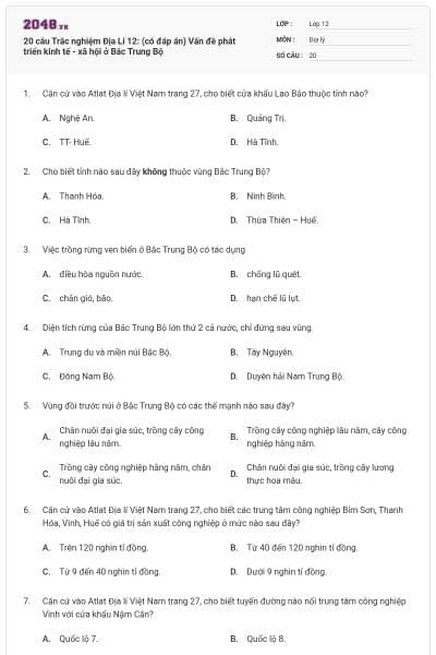 20 câu Trắc nghiệm Địa Lí 12: (có đáp án) Vấn đề phát triển kinh tế - xã hội ở Bắc Trung Bộ