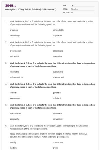 Đề thi giữa kì 2 Tiếng Anh 11 Thí điểm (có đáp án - Đề 2)