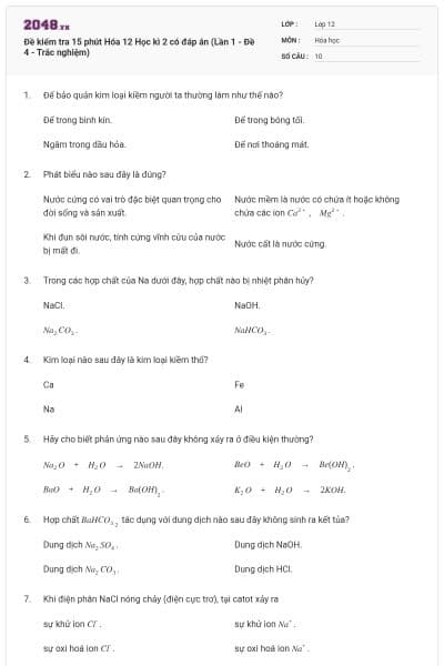 Đề kiểm tra 15 phút Hóa 12 Học kì 2 có đáp án (Lần 1 - Đề 4 - Trắc nghiệm)