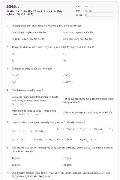Đề kiểm tra 15 phút Hóa 12 Học kì 2 có đáp án (Trắc nghiệm - Bài số 1 - Đề 1)