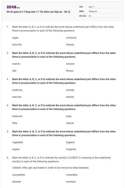Đề thi giữa kì 2 Tiếng Anh 11 Thí điểm (có đáp án - Đề 3)