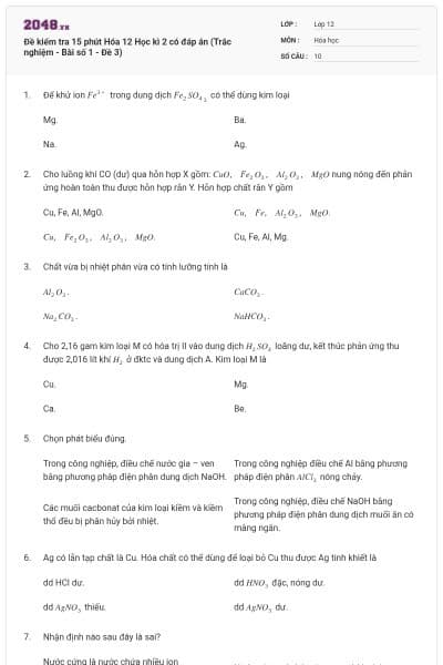 Đề kiểm tra 15 phút Hóa 12 Học kì 2 có đáp án (Trắc nghiệm - Bài số 1 - Đề 3)