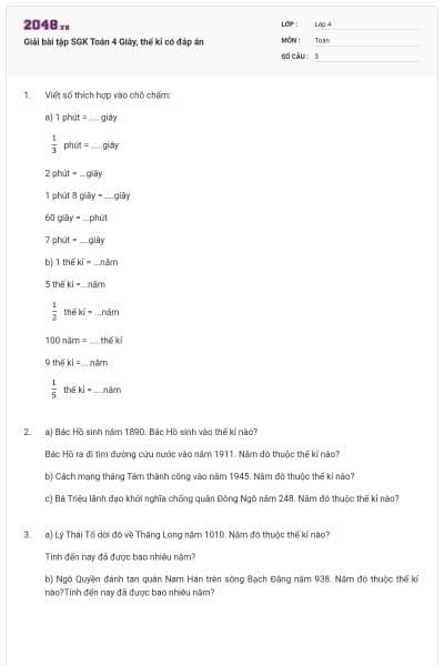 Giải bài tập SGK Toán 4 Giây, thế kỉ có đáp án