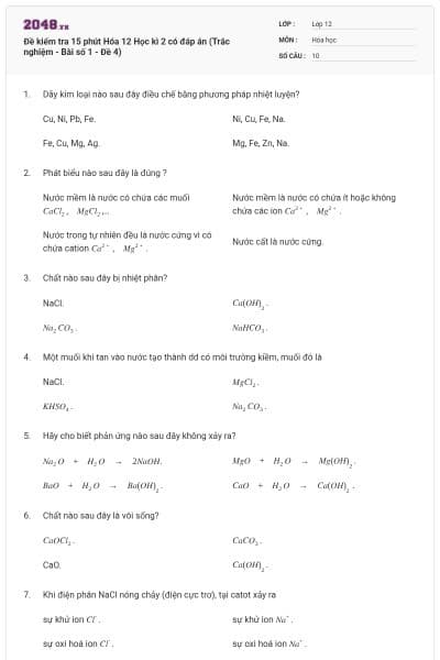 Đề kiểm tra 15 phút Hóa 12 Học kì 2 có đáp án (Trắc nghiệm - Bài số 1 - Đề 4)