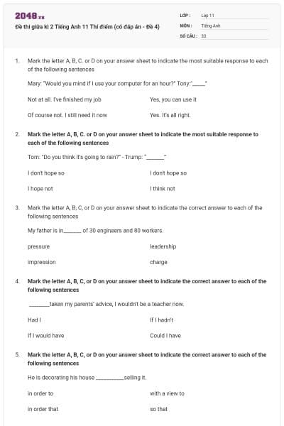 Đề thi giữa kì 2 Tiếng Anh 11 Thí điểm (có đáp án - Đề 4)