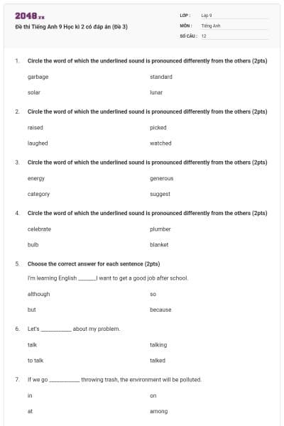 Đề thi Tiếng Anh 9 Học kì 2 có đáp án (Đề 3)