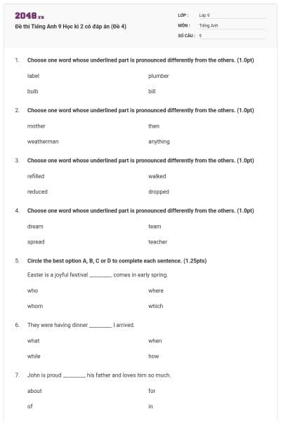 Đề thi Tiếng Anh 9 Học kì 2 có đáp án (Đề 4)