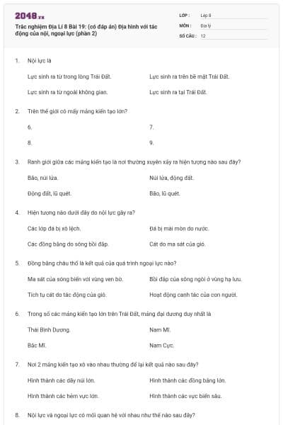 Trắc nghiệm Địa Lí 8 Bài 19: (có đáp án) Địa hình với tác động của nội, ngoại lực (phần 2)