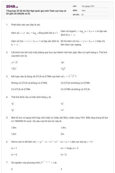 Tổng hợp 20 đề thi thử thpt quốc gia môn Toán cực hay có lời giải chi tiết(Đề số 8)