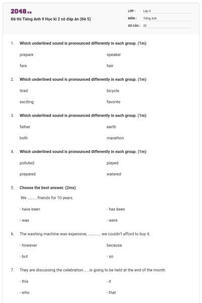 Đề thi Tiếng Anh 9 Học kì 2 có đáp án (Đề 5)