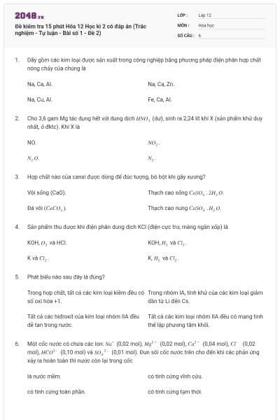 Đề kiểm tra 15 phút Hóa 12 Học kì 2 có đáp án (Trắc nghiệm - Tự luận - Bài số 1 - Đề 2)