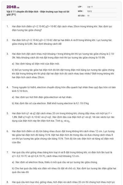 Vật lí 11 chuyên đề Điện tích - Điện trường cực hay có lời giải (P1)