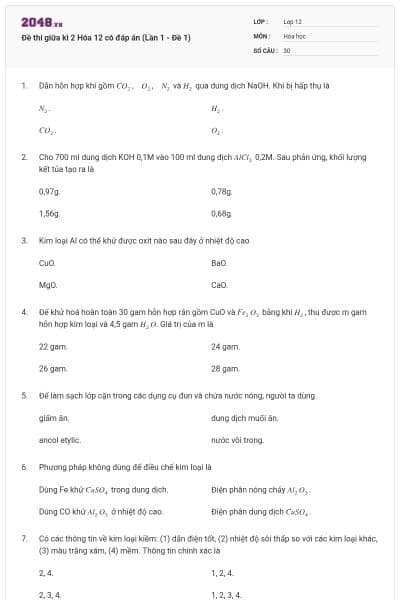 Đề thi giữa kì 2 Hóa 12 có đáp án (Lần 1 - Đề 1)