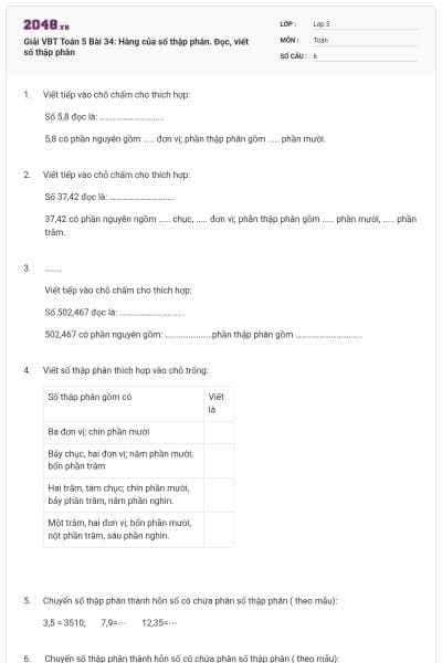 Giải VBT Toán 5 Bài 34: Hàng của số thập phân. Đọc, viết số thập phân