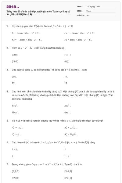 Tổng hợp 20 đề thi thử thpt quốc gia môn Toán cực hay có lời giải chi tiết(Đề số 9)