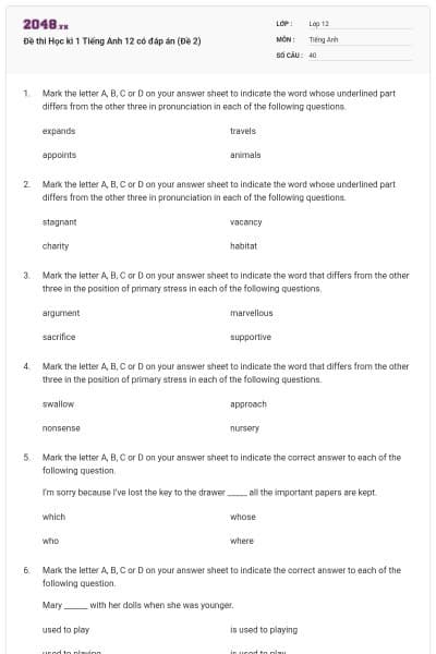 Đề thi Học kì 1 Tiếng Anh 12 có đáp án (Đề 2)