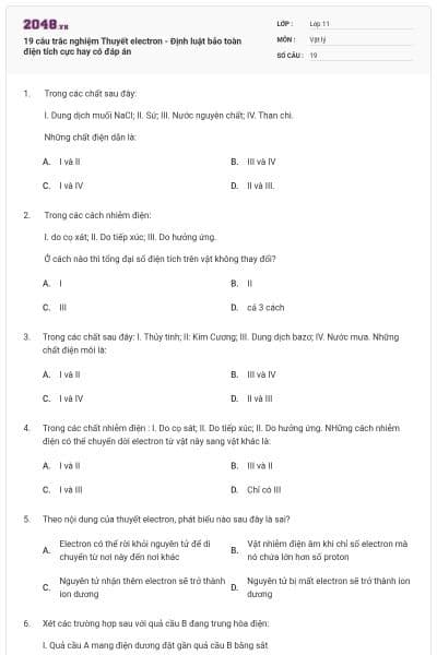 19 câu trắc nghiệm Thuyết electron - Định luật bảo toàn điện tích cực hay có đáp án