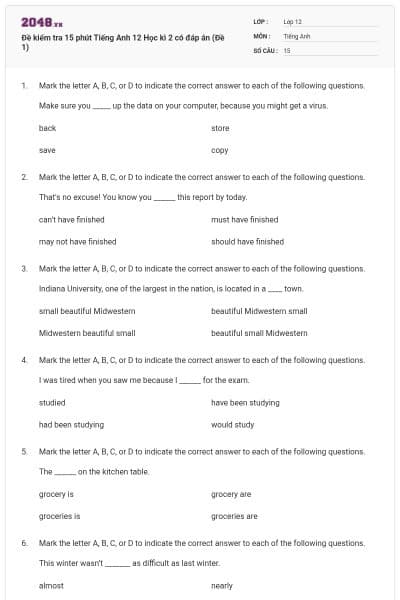 Đề kiểm tra 15 phút Tiếng Anh 12 Học kì 2 có đáp án (Đề 1)