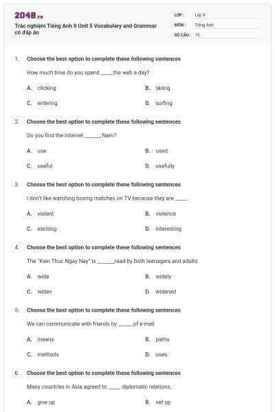 Trắc nghiệm Tiếng Anh 9 Unit 5 Vocabulary and Grammar có đáp án