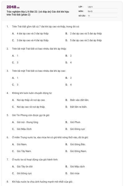 Trắc nghiệm Địa Lí 6 Bài 22: (có đáp án) Các đới khí hậu trên Trái Đất (phần 2)