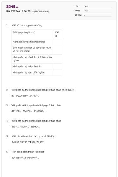 Giải VBT Toán 5 Bài 39: Luyện tập chung