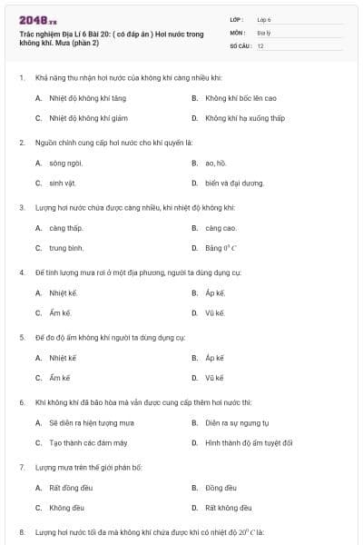 Trắc nghiệm Địa Lí 6 Bài 20: ( có đáp án ) Hơi nước trong không khí. Mưa (phần 2)