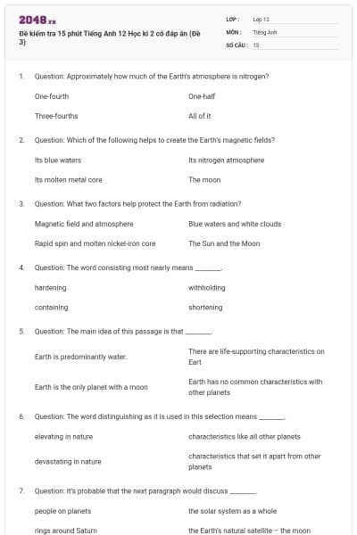 Đề kiểm tra 15 phút Tiếng Anh 12 Học kì 2 có đáp án (Đề 3)