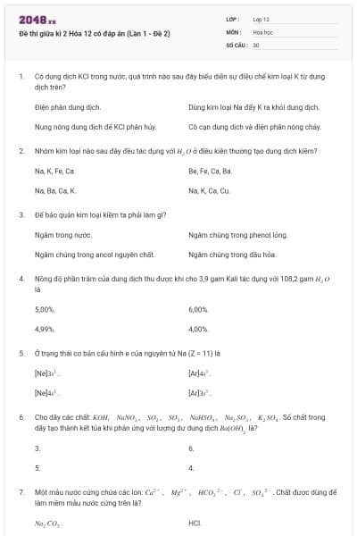 Đề thi giữa kì 2 Hóa 12 có đáp án (Lần 1 - Đề 2)