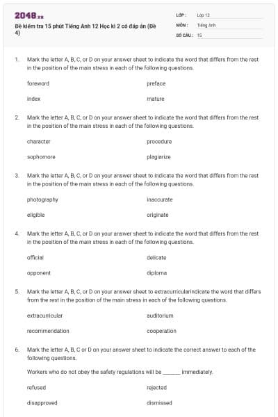 Đề kiểm tra 15 phút Tiếng Anh 12 Học kì 2 có đáp án (Đề 4)