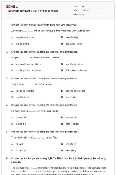 Trắc nghiệm Tiếng Anh 9 Unit 5 Writing có đáp án