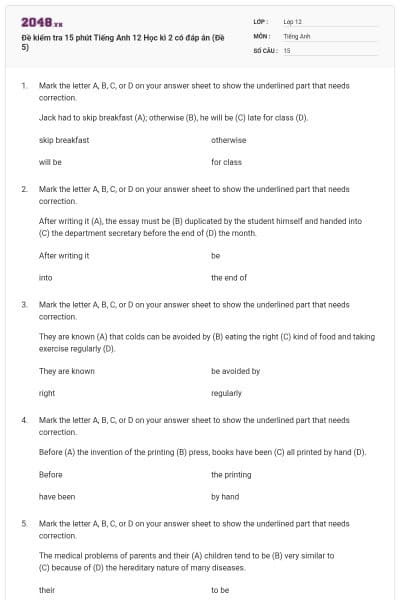 Đề kiểm tra 15 phút Tiếng Anh 12 Học kì 2 có đáp án (Đề 5)