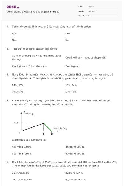 Đề thi giữa kì 2 Hóa 12 có đáp án (Lần 1 - Đề 3)