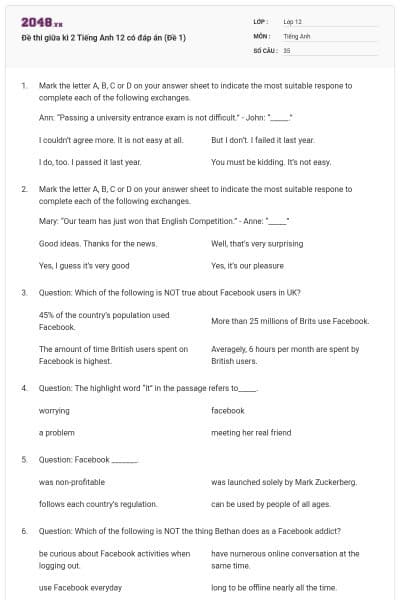 Đề thi giữa kì 2 Tiếng Anh 12 có đáp án (Đề 1)