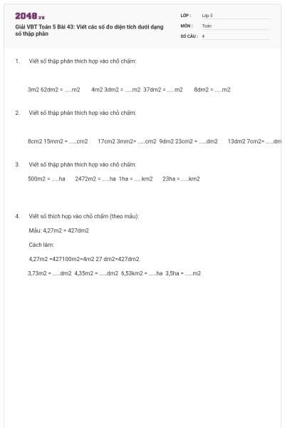 Giải VBT Toán 5 Bài 43: Viết các số đo diện tích dưới dạng số thập phân